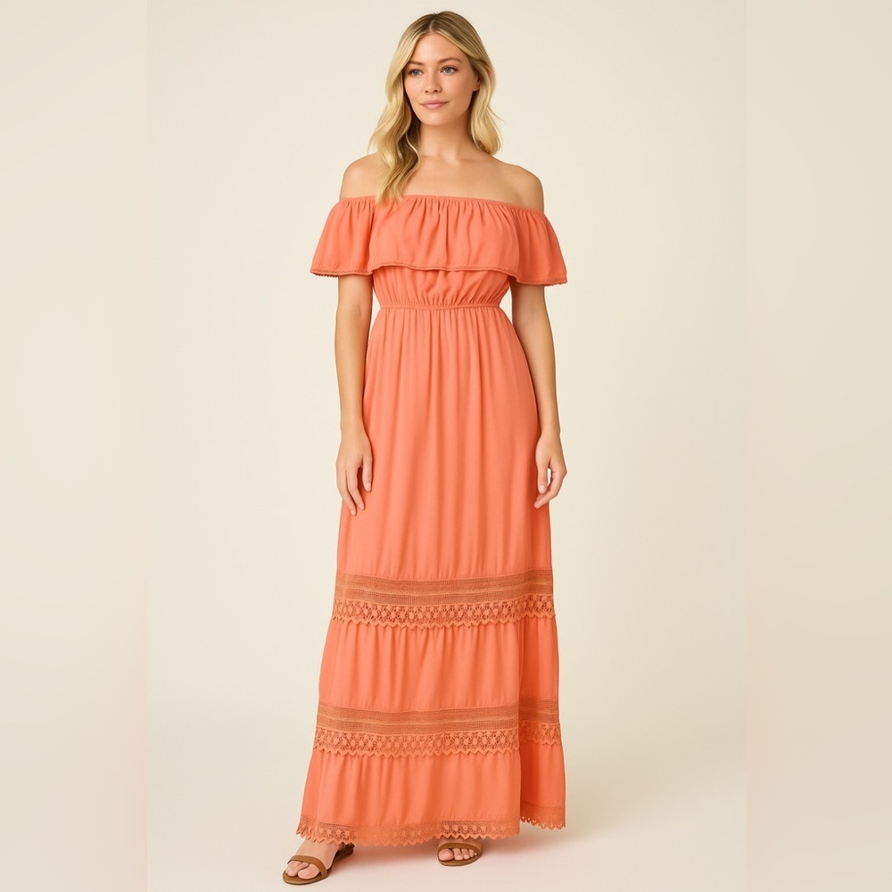 Henrigirl Coral Pink Off Shoulder Maxi Dress Womens Medium Boho Beach Lace Trim